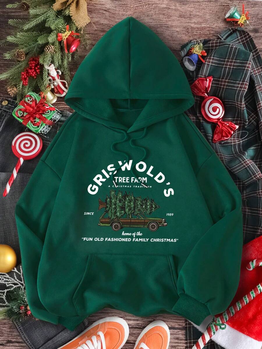 SHEIN EZwear Slogan Graphic Kangaroo Pocket Drawstring Thermal Hoodie - Dark Green - View 1