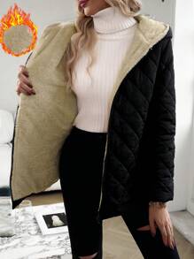 SHEIN Essnce Zip Up Hooded Teddy Lined Quilted Padded Coat Clothes Winter - Black - View 1