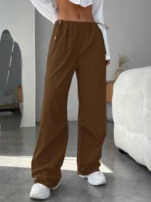 EURMUSE Ladies' Drawstring Waist Wide Leg Pants - Brown - View 6