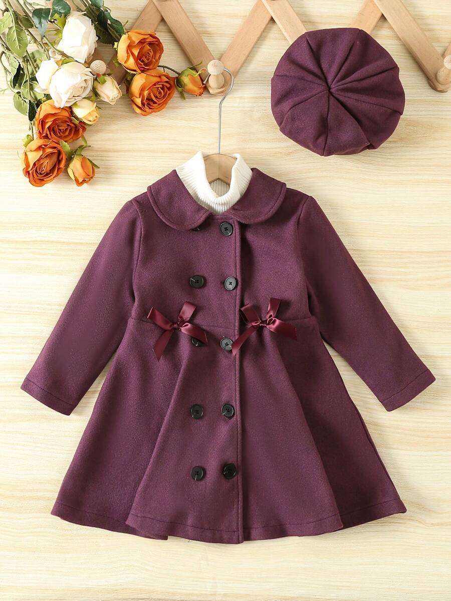 SHEIN 青少女雙排扣彼得潘領帶扣前立領大衣和帽子 - 紫色 - 查看 1