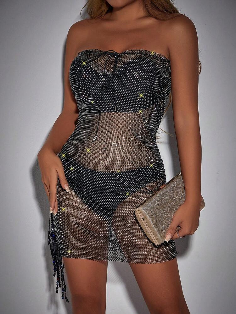 Rhinestone Studded Fringe Hem Tie Front Tube Dress Without Lingerie Set