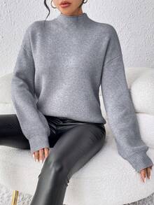 SHEIN Essnce 小高領落肩袖套頭毛衣 - 灰色 - 查看 3