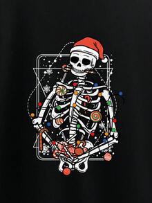 ROMWE Giáng sinh In Bộ xương Túi kangaroo Dây rút Áo hoodie ấm áp - màu đen - Xem 3