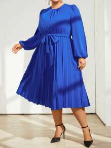 SHEIN Privé Của phụ nữ Kích thước lớn Tay áo lồng đèn Viền xếp Váy có thắt lưng - Màu xanh lam - Xem 5