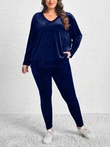 SHEIN LUNE Plus Size Women's Velvet Top And Leggings Two Piece Set - Navy Blue - View 1