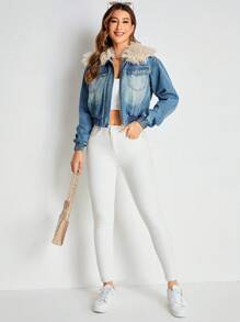 SHEIN Privé Fuzzy Collar Flap Pocket Denim Jacket - Dark Wash - View 4