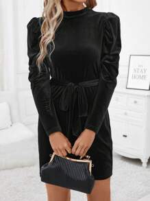 SHEIN Clasi Mock Neck Gigot Sleeve Belted Dress - Black - View 6