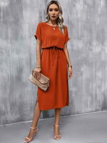 SHEIN Clasi Batwing Sleeve Knot Front Split Thigh Dress