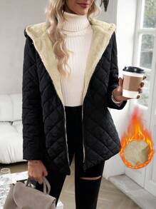 SHEIN Essnce Zip Up Hooded Teddy Lined Quilted Padded Coat Clothes Winter - Black - View 5