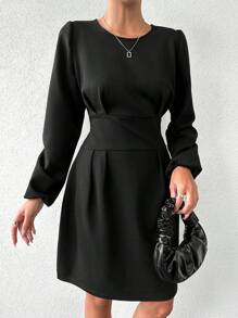 RueChic Solid Lantern Sleeve Fold Pleated Detail Dress - Black - View 5