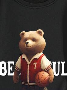 SHEIN EZwear 大尺碼卡通熊和字母印花落肩運動衫 - 黑色 - 查看 4