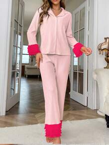 Women's Color Block Bell Sleeve Pajama Set, Fall Clothes