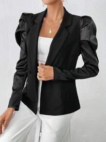 SHEIN Privé 女士折領泡泡袖雙排扣西裝外套 - 黑色 - 查看 3