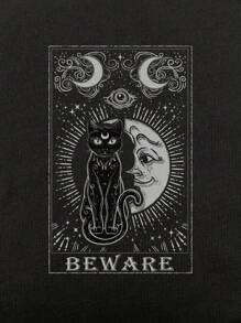 ROMWE Goth Áo thun in hình Cat & Moon, trường học - màu đen - Xem 3