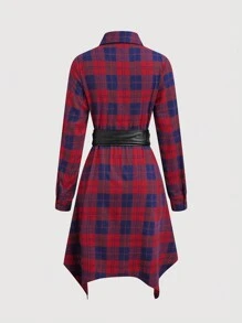 SHEIN Unity Plaid Print Ruched Asymmetrical Hem Belted Shirt Dress - Red - View 2