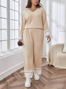 SHEIN Essnce Plus Drop Shoulder Tee & Contrast Panel Pants - Apricot - View 6