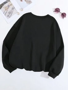 SHEIN EZwear 大尺碼卡通熊和字母印花落肩運動衫 - 黑色 - 查看 2