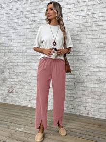 EMERY ROSE 彈性腰帶下擺開叉長褲 - 粉色 - 查看 6