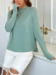 SHEIN EZwear 素色小高領T恤 - 綠色 - 查看 6