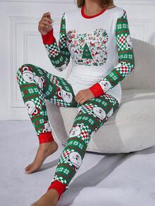 Christmas Print Tee & Pants Lounge Set - Green - View 3
