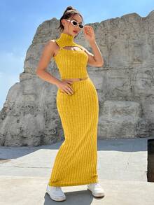 SHEIN EZwear High Neck Cut Out Tank Top & Skirt - Yellow - View 5