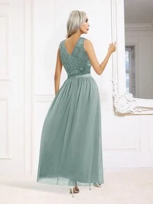 Contrast Sequin Mesh Formal Dress - Green - View 2