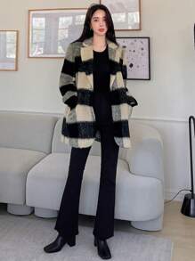 DAZY 水牛格紋披肩領大衣 - 卡其色 - 查看 5