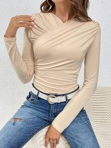 SHEIN Frenchy Chất rắn Chi tiết Ruched Viền ven Áo thun - Màu be - Xem 5