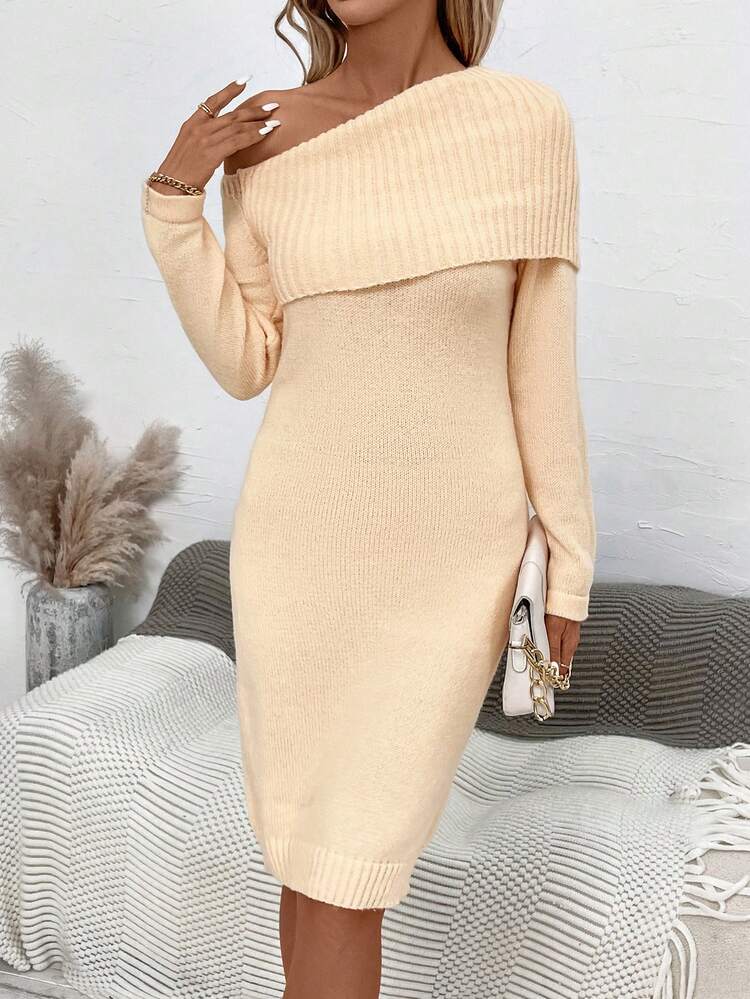 Foldover Asymmetrical Neck Sweater Dress Fall Cloth For Women