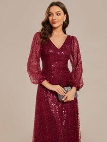 EVERPRETTY Váy sequin dài tay màu đỏ tía thanh lịch mùa thu đông phù hợp cho tiệc cưới, dạ hội, tiệc tốt nghiệp, tiệc trang trọng, váy mẹ cô dâu - Màu Đỏ Sâu - Xem 6