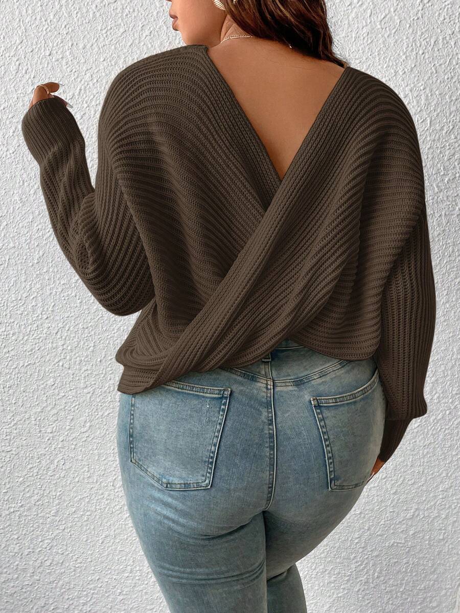 SHEIN Frenchy Plus Crossover Back Batwing Sleeve Sweater In Fall/Winter - Brown - View 1