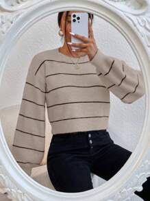 Chiquease Striped Pattern Drop Shoulder Sweater,Long Sleeve Tops Knit Pullover Fall Winter Outfit