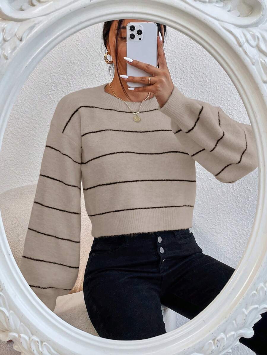 Chiquease Striped Pattern Drop Shoulder Sweater,Long Sleeve Tops Knit Pullover Fall Winter Outfit