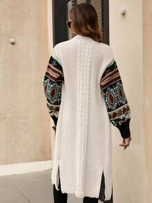 SHEIN LUNE 幾何圖案落肩袖開襟開衫 - 杏色 - 查看 2