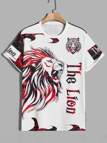Manfinity LEGND Áo thun nam tay ngắn in hình sư tử và chữ, dùng khi đi chơi - Đỏ - Xem 8