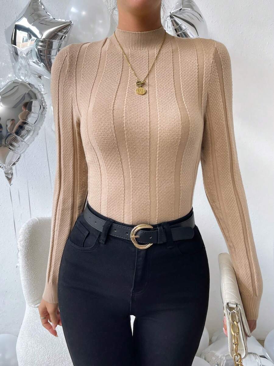 SHEIN Essnce 小高領條紋針織套頭毛衣 - 杏色 - 查看 1