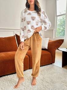 Women's Bear Patterned Pajama Set - Multicolor - View 3