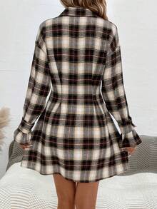 SHEIN LUNE In kẻ sọc Thả vai Chi tiết xếp li Váy sơ mi - Cà phê - Xem 2