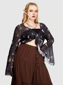 ROMWE Hippie Plus Size Bell Sleeve Sun Moon Mesh Tie Front Top - Multicolor - View 2