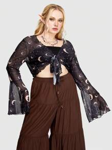 ROMWE Hippie Plus Size Bell Sleeve Sun Moon Mesh Tie Front Top - Multicolor - View 5