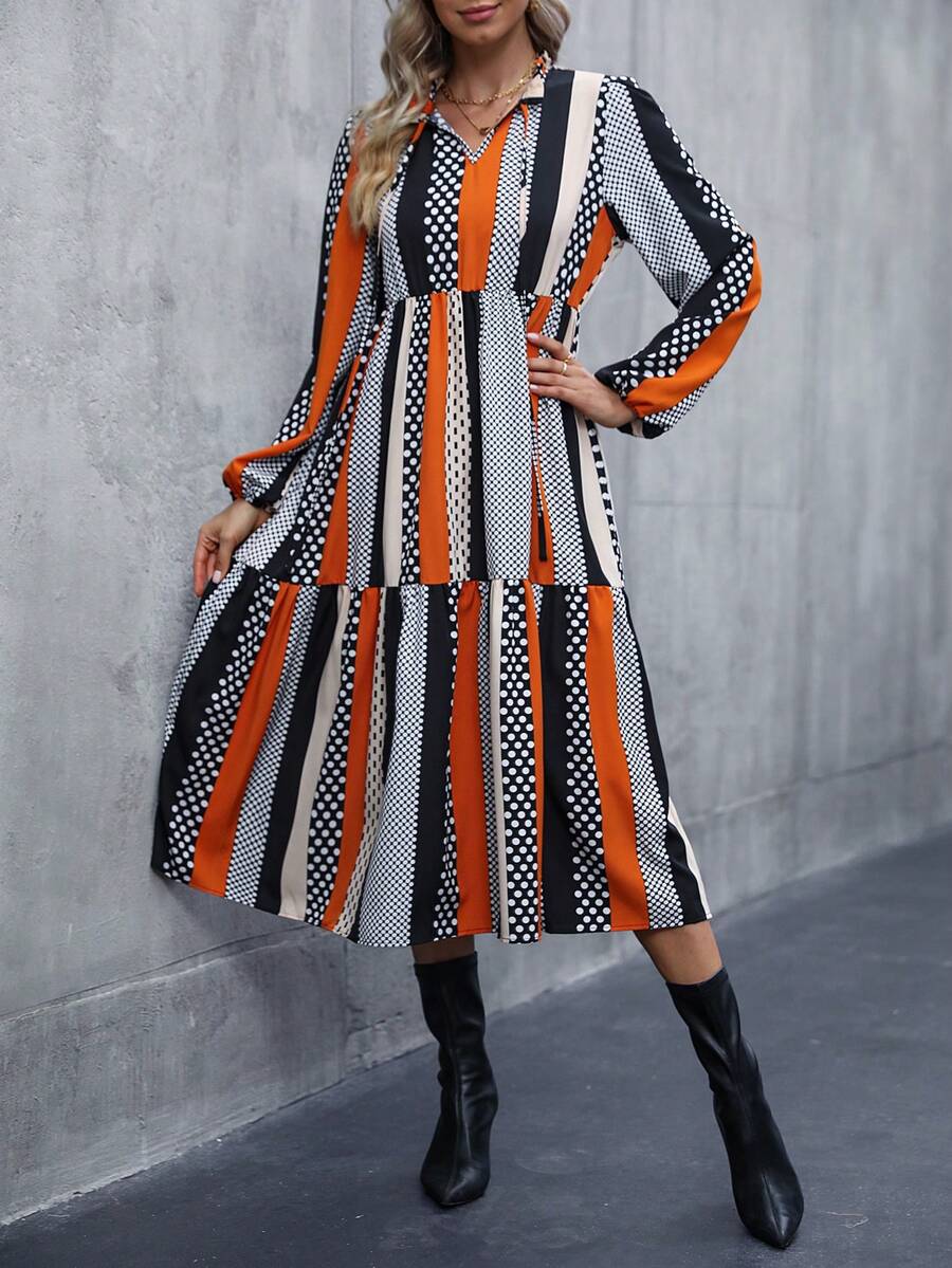 SHEIN LUNE Tie Neck Lantern Sleeve Ruffle Hem Smock Dress - Orange - View 1