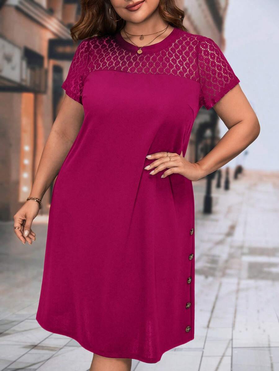 SHEIN Clasi Plus Contrast Lace Button Detail Tee Dress - Red Violet - View 1