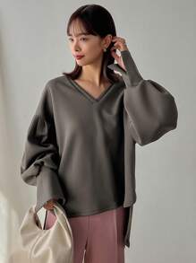 FRIFUL Women's V-Neck Drop Shoulder Sleeve Sweatshirt,Fall Clothes - Grey - View 4