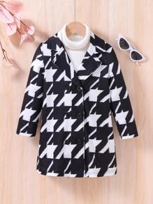 SHEIN Toddler Girls' Casual Minimalist Style Houndstooth Pattern Jacket - Black and White - View 1