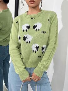 SHEIN Qutie Jersey oveja patrón tejido de cable - Verde - Ver 2