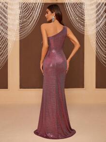 SHEIN Belle Vestido De Noche Asimétrico Con Cuello Halter, Abertura Alta En El Lateral Y Lentejuelas - Rosa - Ver 2