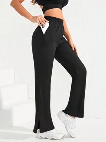 SHEIN Daily&Casual Túi nghiêng Viền chia cắt Chân bùng Quần thể thao - màu đen - Xem 1
