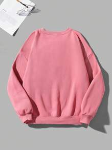 SHEIN EZwear 字母斑點狗印花休閒女式長袖衫，圓領，適用於秋冬季 - 粉色 - 查看 2