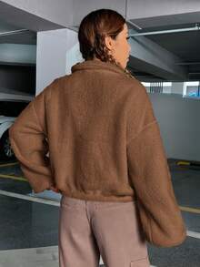 SHEIN EZwear Half Zip Drop Shoulder Teddy Sweatshirt - Brown - View 2