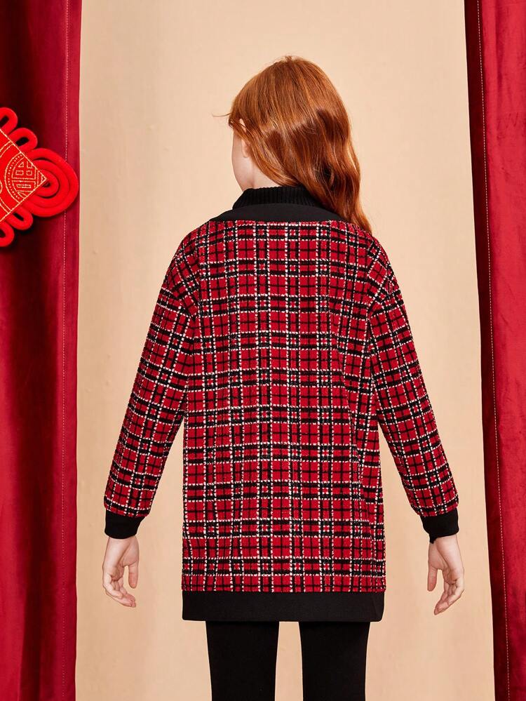 Tween Girl Plaid Print Drop Shoulder Button Front Coat